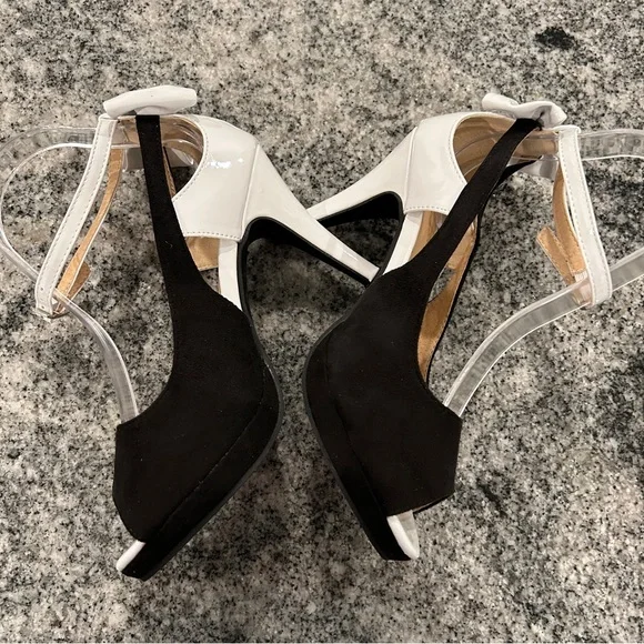 8 Get More Beauty Black and White Stiletto Peep Toe Pumps - Picture 3 of 9